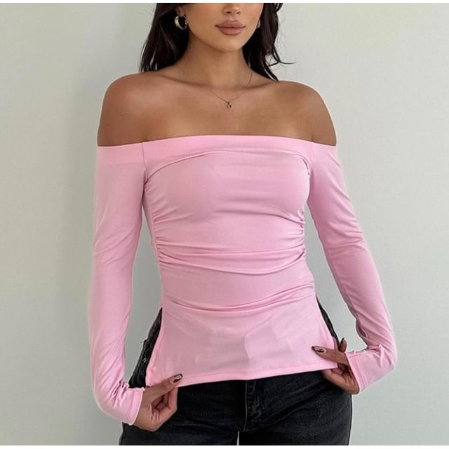 Slim-Fit Long-Sleeved T-Shirt with Off-Shoulder Design and Slit Detail