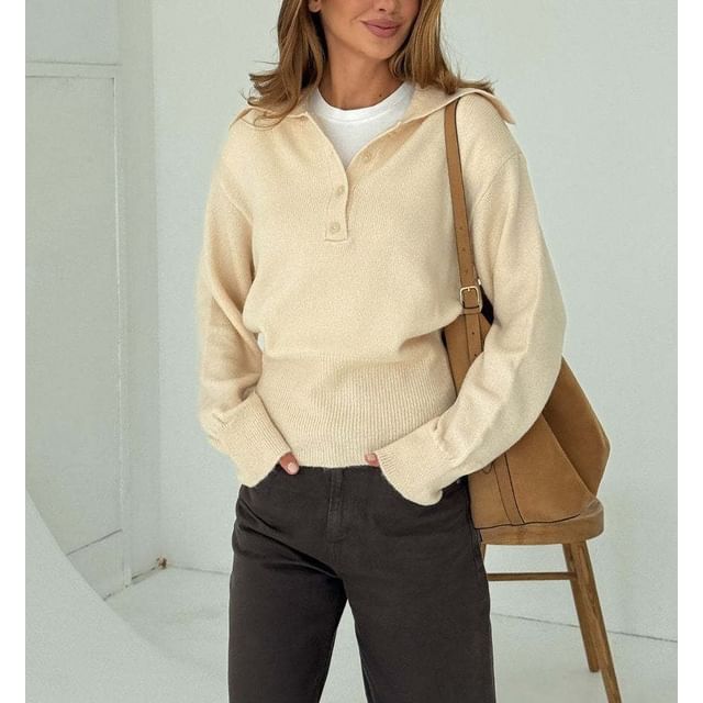 Plain Half Button Loose-Fit Long Sleeve Sweater