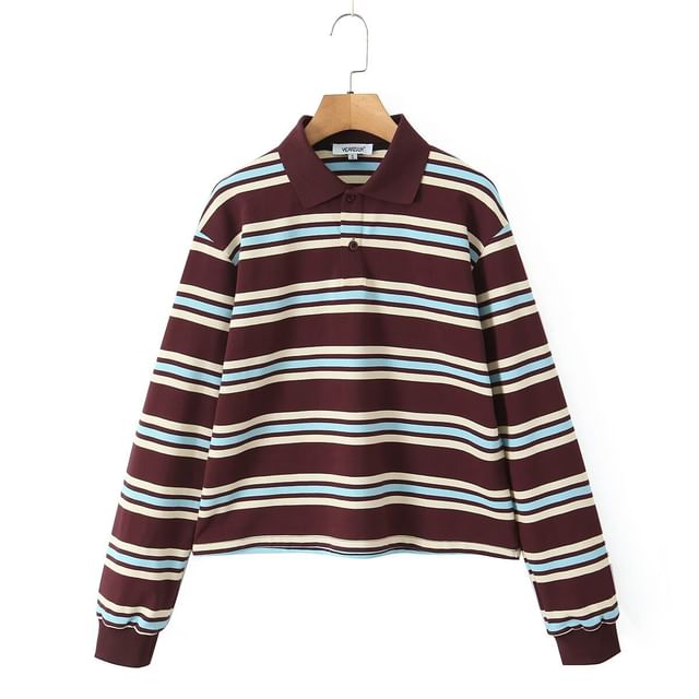 Striped Loose-Fit Long Sleeve Polo Top