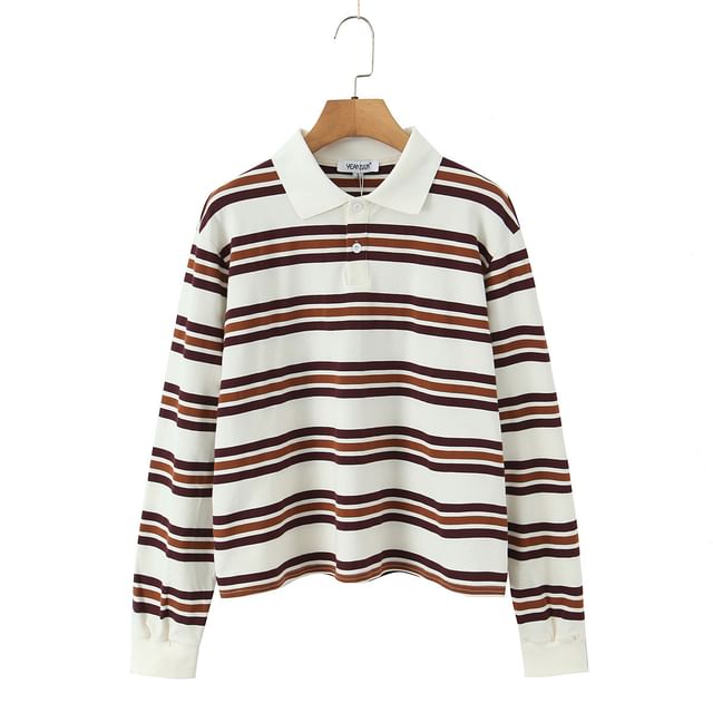 Striped Loose-Fit Long Sleeve Polo Top