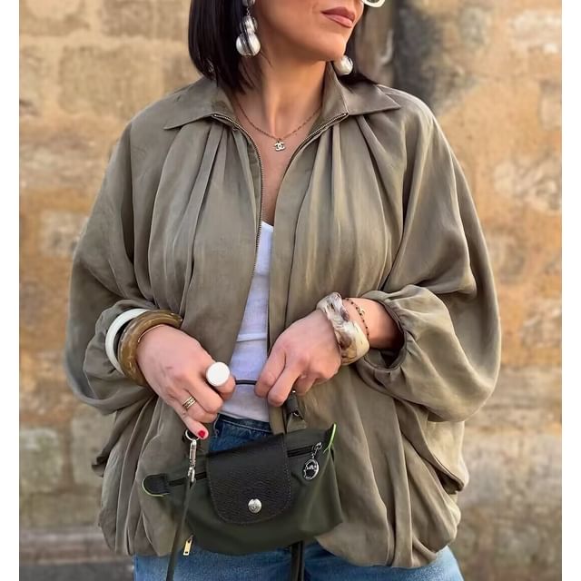 Plain Puff Sleeve Loose-Fit Blouse