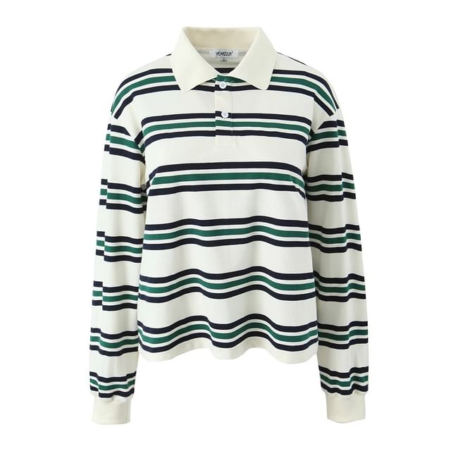 Striped Loose-Fit Long Sleeve Polo Top
