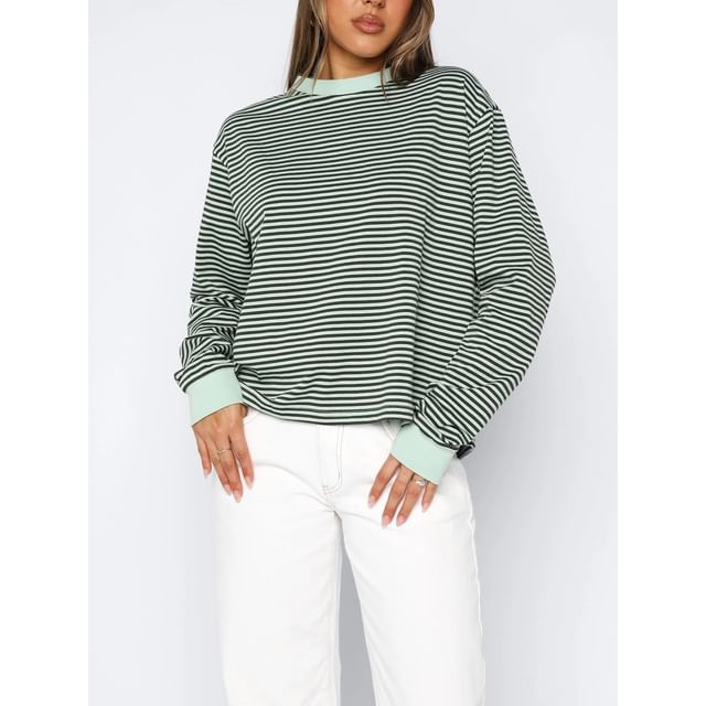 Striped Crew Neck Loose-Fit Long Sleeve T-Shirt