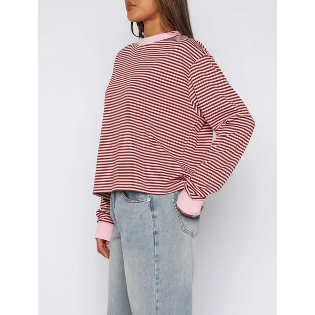 Striped Crew Neck Loose-Fit Long Sleeve T-Shirt
