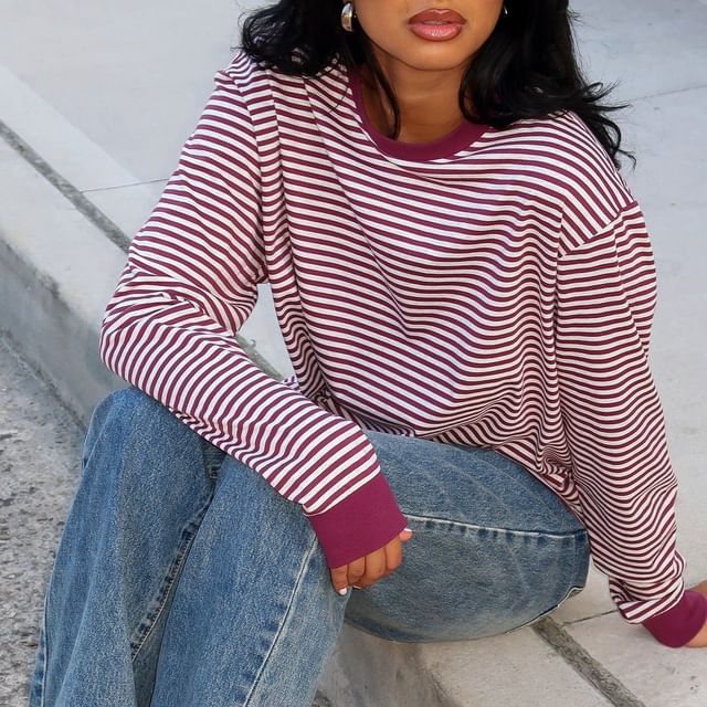 Striped Crew Neck Loose-Fit Long Sleeve T-Shirt
