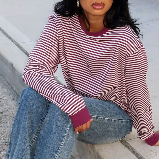 Striped Crew Neck Loose-Fit Long Sleeve T-Shirt