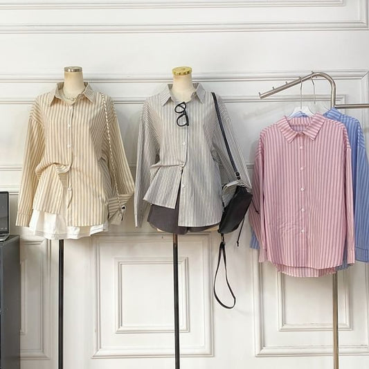 Button-Front Striped Shirt with Long Sleeves