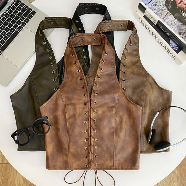 Halter V-Neck Lace-Up Open Back Faux Leather Crop Top