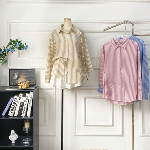 Button-Front Striped Shirt with Long Sleeves