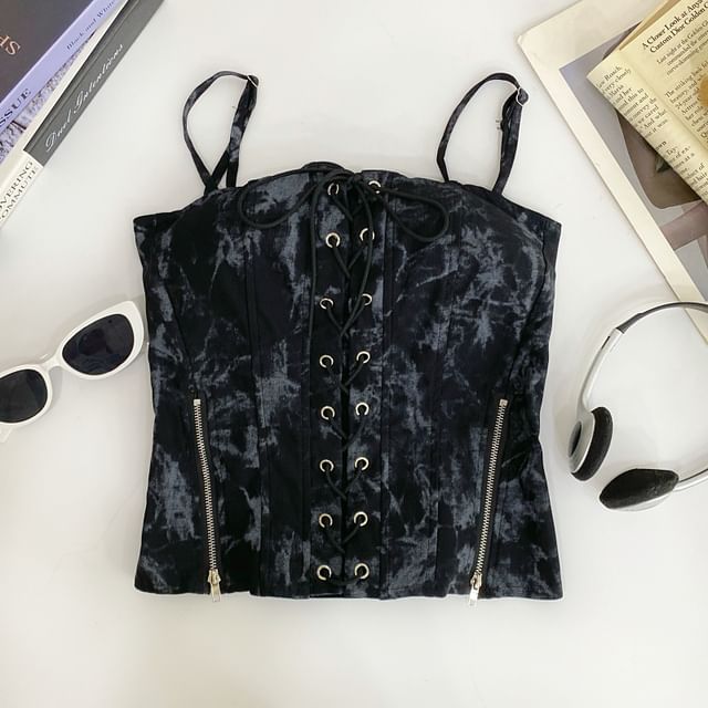 Tie Dye Zip Slit Lace-Up Cropped Camisole Top
