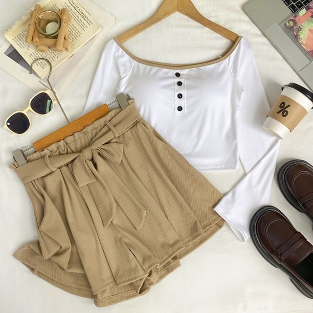 Off-Shoulder Padded Crop Tee & High Waist Wide Leg Shorts Set
