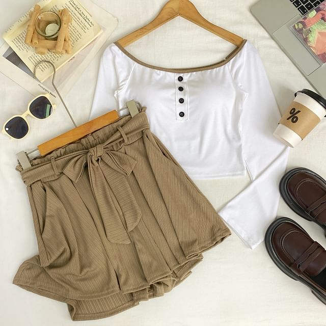 Off-Shoulder Padded Crop Tee & High Waist Wide Leg Shorts Set