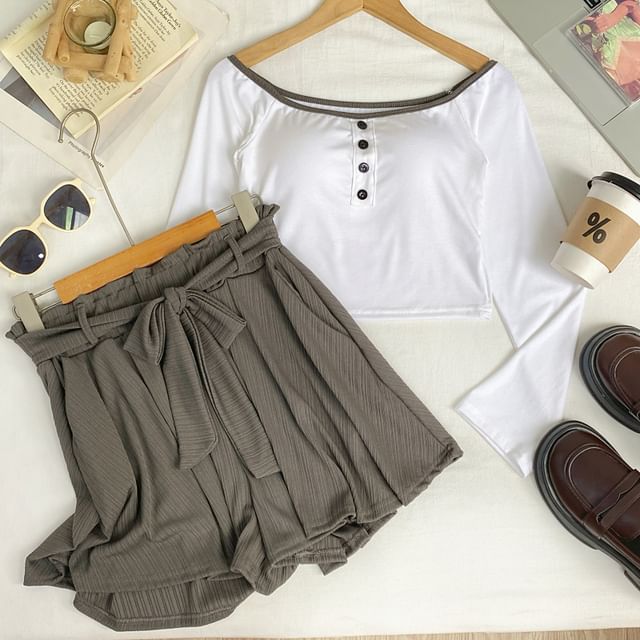 Off-Shoulder Padded Crop Tee & High Waist Wide Leg Shorts Set