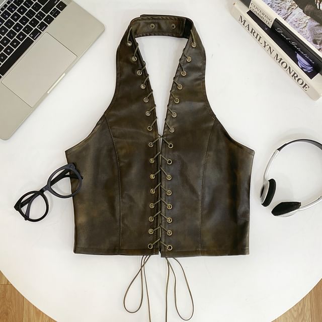 Halter V-Neck Lace-Up Open Back Faux Leather Crop Top