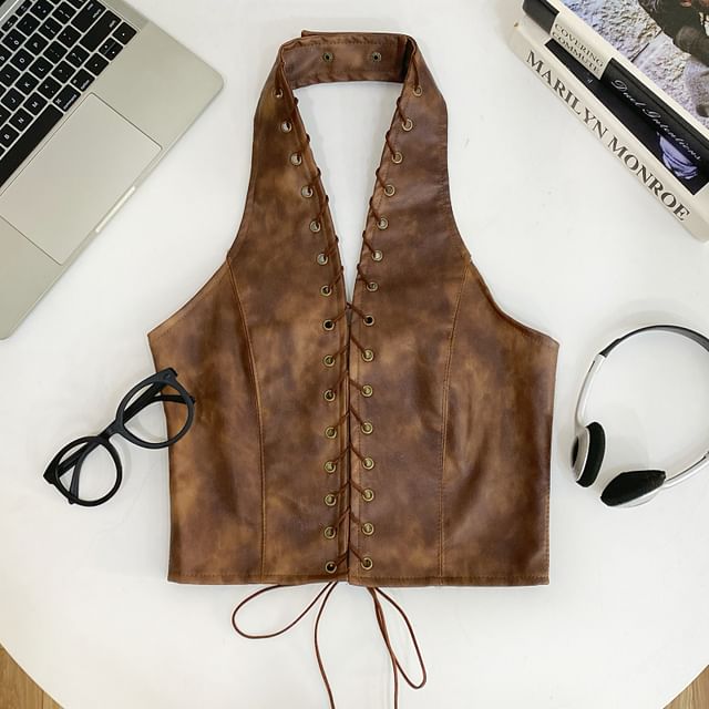 Halter V-Neck Lace-Up Open Back Faux Leather Crop Top