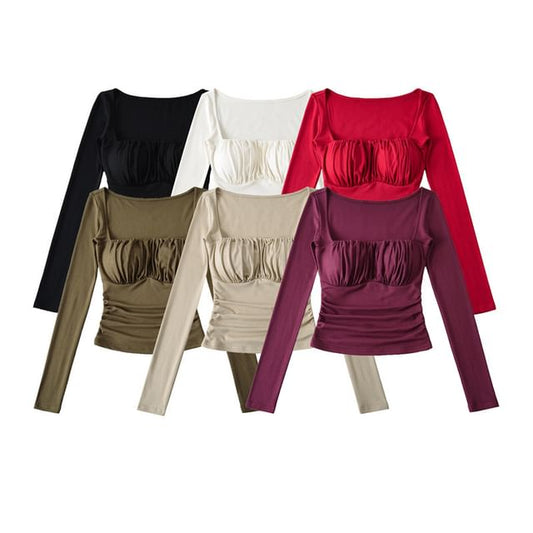 Square Neck Ruched Slim Fit Cropped T-Shirt Long Sleeve