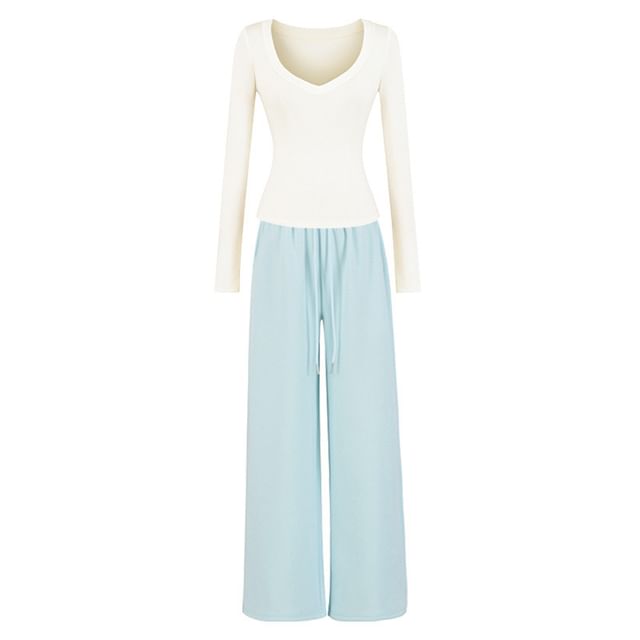 V-Neck Crop Tee & Wide Leg Sweatpants with Drawstring Set