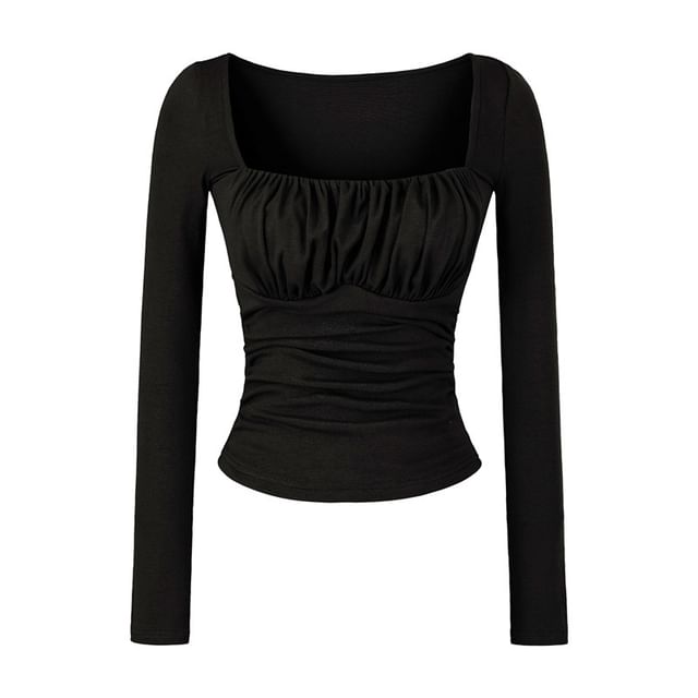 Square Neck Ruched Slim Fit Cropped T-Shirt Long Sleeve