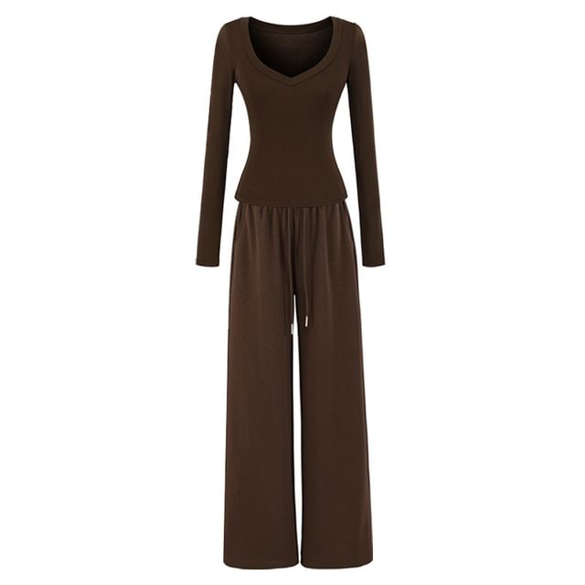 V-Neck Crop Tee & Wide Leg Sweatpants with Drawstring Set