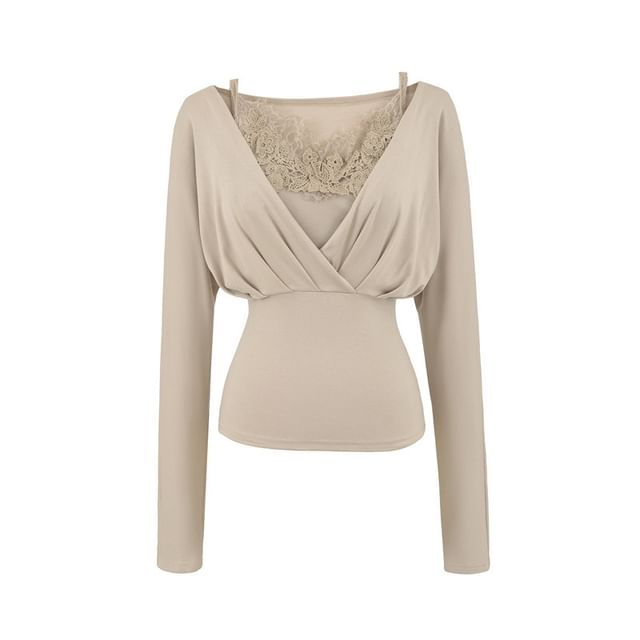 Ruched V-Neck Slim Top & Lace Panel Crop Cami Set Long Sleeve