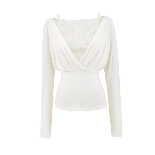 Ruched V-Neck Slim Top & Lace Panel Crop Cami Set Long Sleeve