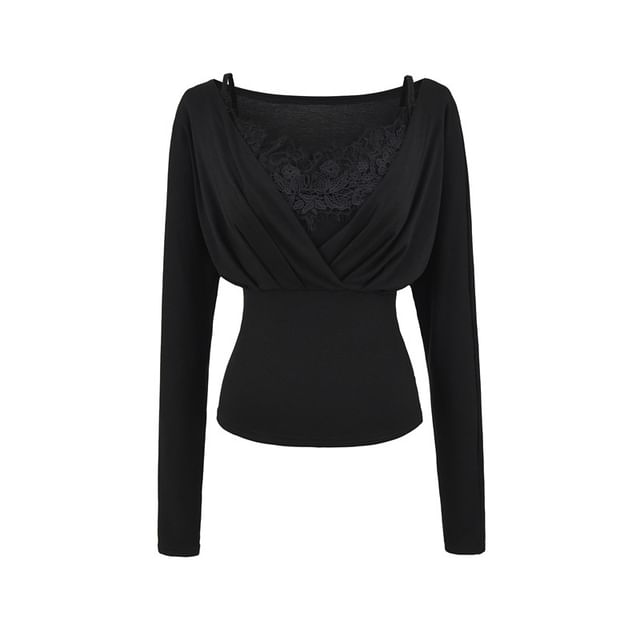 Ruched V-Neck Slim Top & Lace Panel Crop Cami Set Long Sleeve