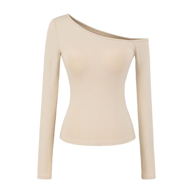 Off-Shoulder Solid Padded T-Shirt with Long Sleeves