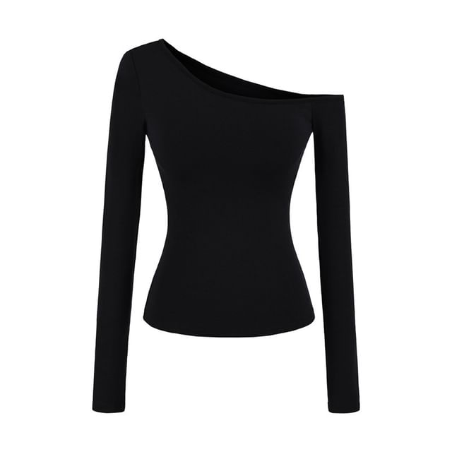 Off-Shoulder Solid Padded T-Shirt with Long Sleeves