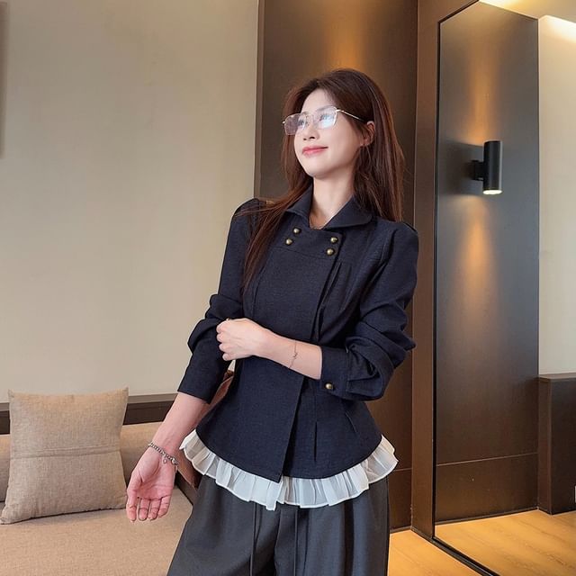 Denim Top with Long Sleeves, Collared Neck, and Frill Trim