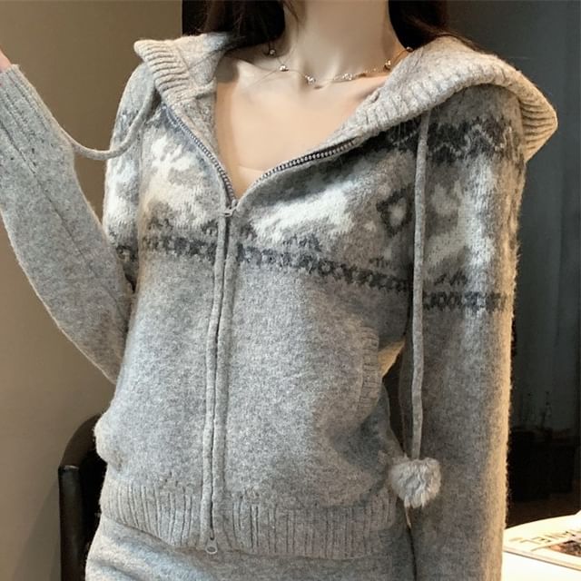 Jacquard Drawstring Hooded Cardigan and Knit Pencil Skirt Set
