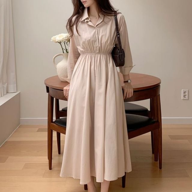 Long Sleeve Collared Plain Gathered Maxi A-Line Shirt Dress