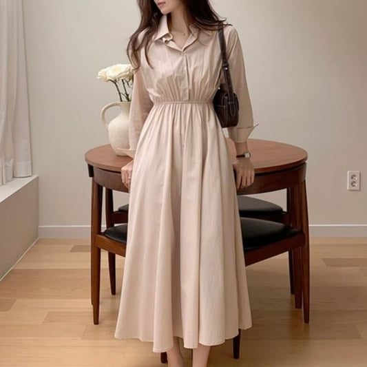 Long Sleeve Collared Plain Gathered Maxi A-Line Shirt Dress