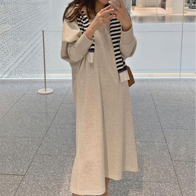 Long Sleeve Plain Slit Maxi Loose Fit Dress