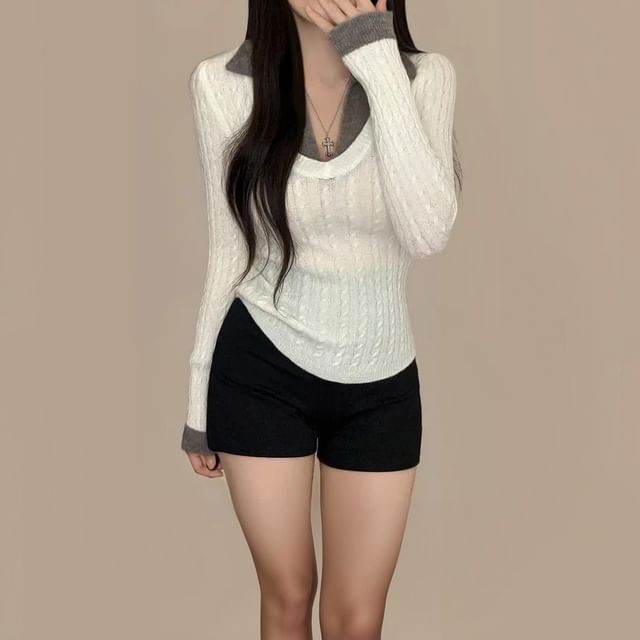 Mock Two-Piece Cable Knit Top with Long Sleeves, V-Neck, and Collar