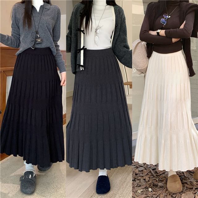 Ribbed Knit Maxi A-Line Skirt High Waist