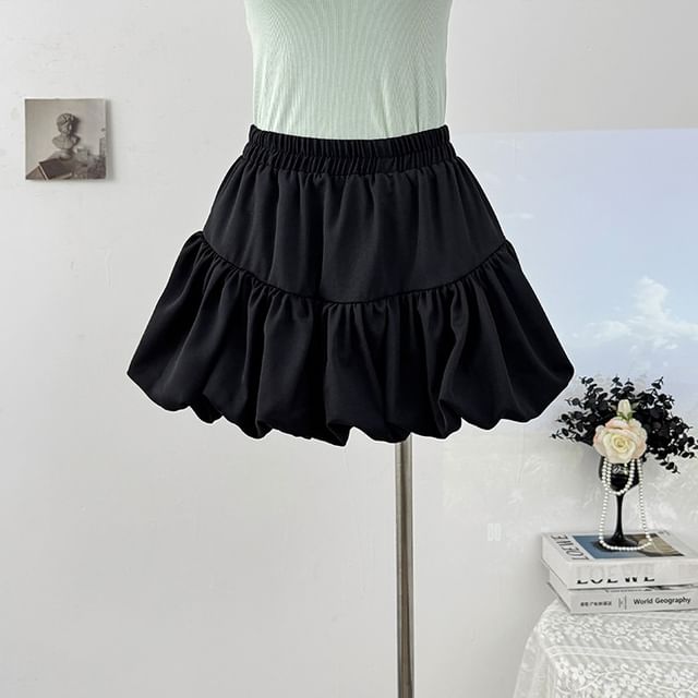 Elastic Waist Mini Bubble Skirt in Plain