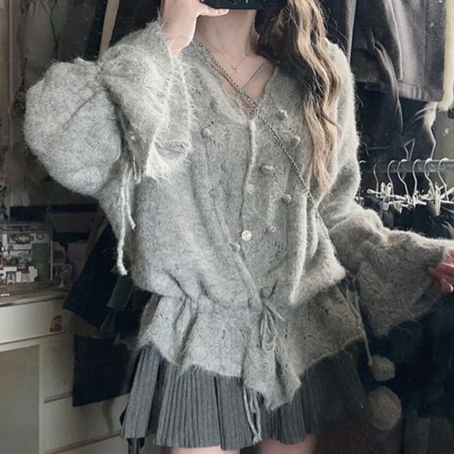 V-Neck Pom Pom Perforated Button-Up Plain Cardigan