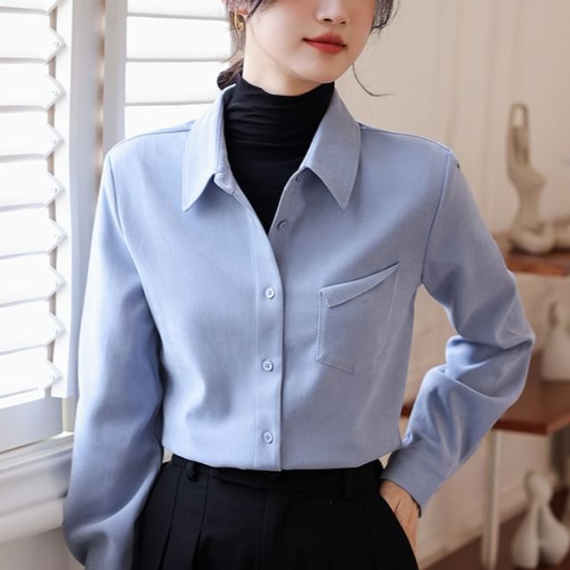 Collared Button-Up Blouse with Long Sleeves, Plain Design