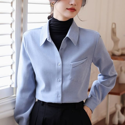 Collared Button-Up Blouse with Long Sleeves, Plain Design
