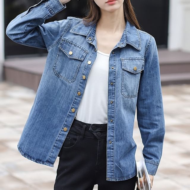 Washed Denim Shirt Jacket with Button-Up Front