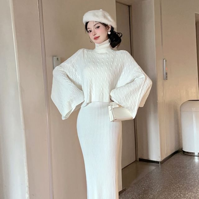 Set: Batwing-Sleeve Turtleneck Cable Knit Crop Top + Sleeveless Round Neck Slit Maxi Sheath Knit Dress