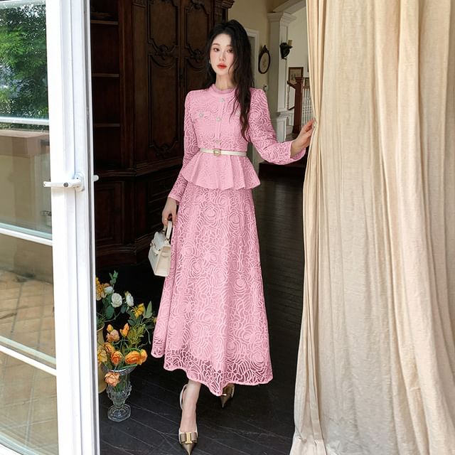 Set: Long-Sleeve Stand Collar Peplum Lace Blouse + High Waist Maxi A-Line Skirt