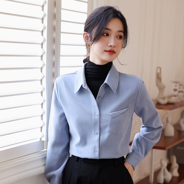 Collared Button-Up Blouse with Long Sleeves, Plain Design