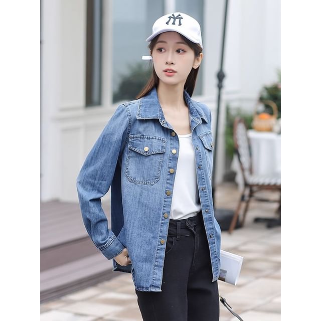 Washed Denim Shirt Jacket with Button-Up Front