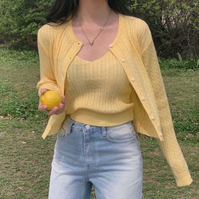 Cable Knit V-Neck Cami & Crewneck Cardigan Two-Piece Set