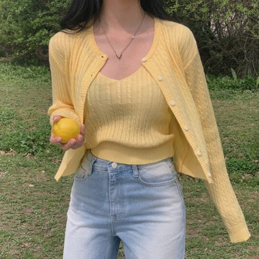 Cable Knit V-Neck Cami & Crewneck Cardigan Two-Piece Set