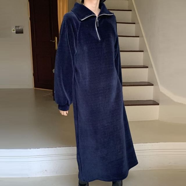 Long Sleeve Stand Collar Plain Half Zip Corduroy Maxi Loose Fit Dress