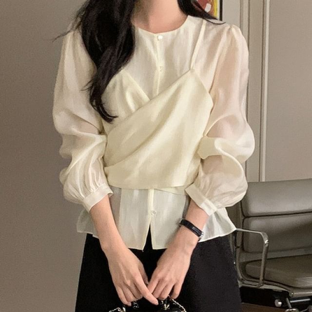 Mock Two-Piece Round Neck Long Sleeve Solid Blouse