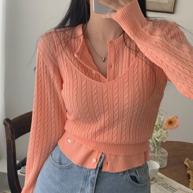 Cable Knit V-Neck Cami & Crewneck Cardigan Two-Piece Set