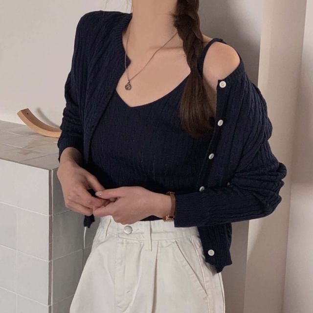 Cable Knit V-Neck Cami & Crewneck Cardigan Two-Piece Set